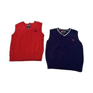 CHAPS  Boy's Size 4T Red‎ Navy Sweater Vests Crest Preppy Cotton Cable Knit
